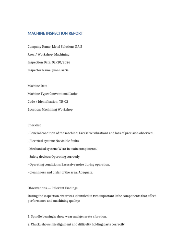 Lathe Inspection Report English | PDF