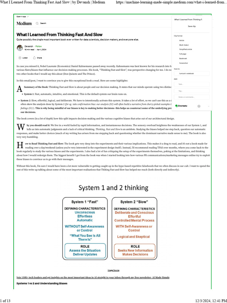What I Learned From Thinking Fast and Slow - by Devansh - Medium | PDF ...