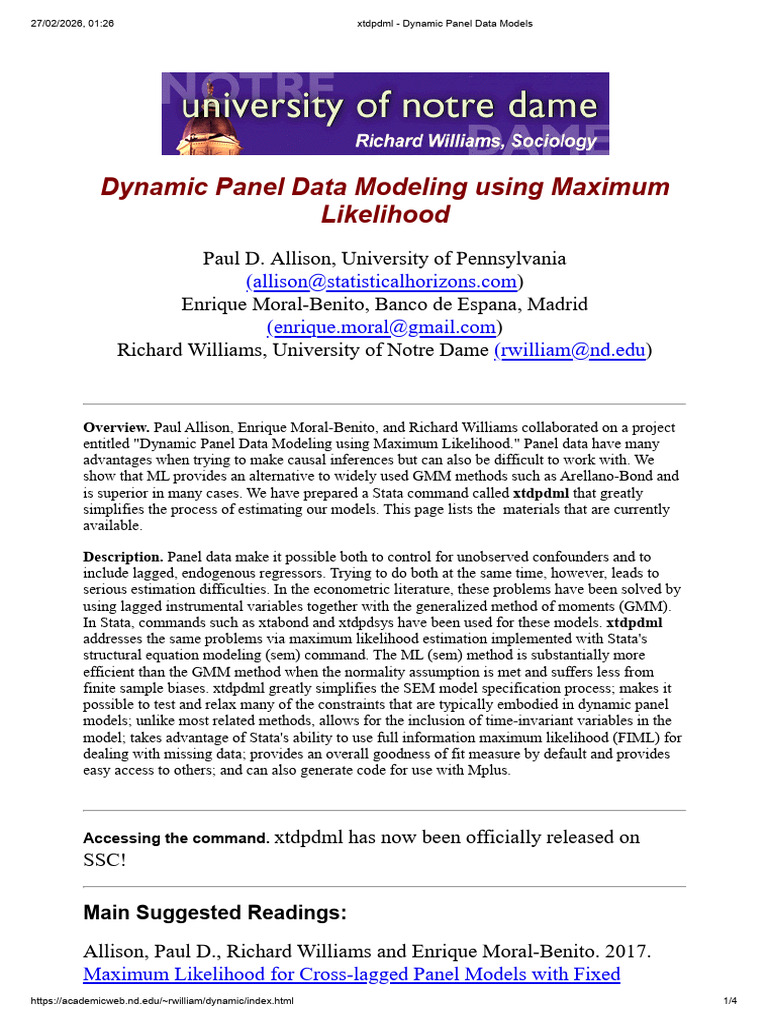 Alternative XTDPDML - Dynamic Panel Data Models | PDF | Structural ...
