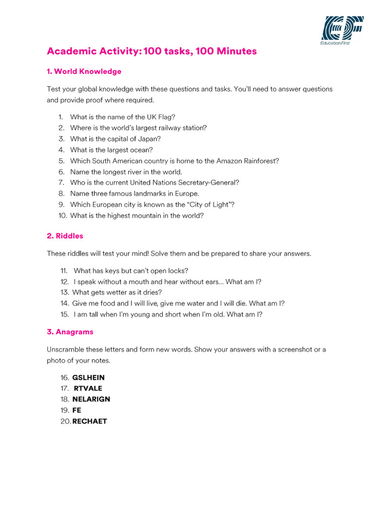 100 Tasks 100 Minutes - Student Handout! | PDF