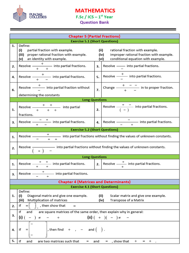 1st Year Mathematics Question Bank | PDF | Matrix (Mathematics ...