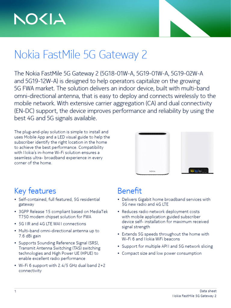 Nokia FastMile 5G Gateway 2 Data Sheet en | PDF | Ieee 802.11 | Wi Fi
