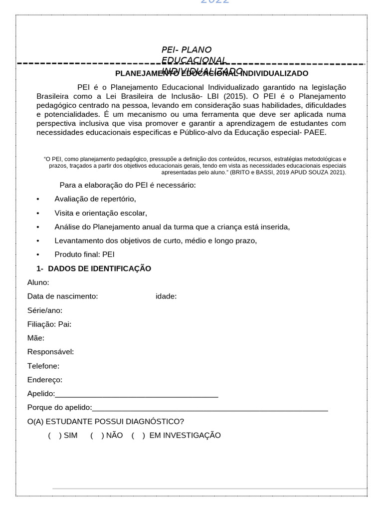 Plano Educacional Individualizado Pei - Modelo em Branco | PDF ...
