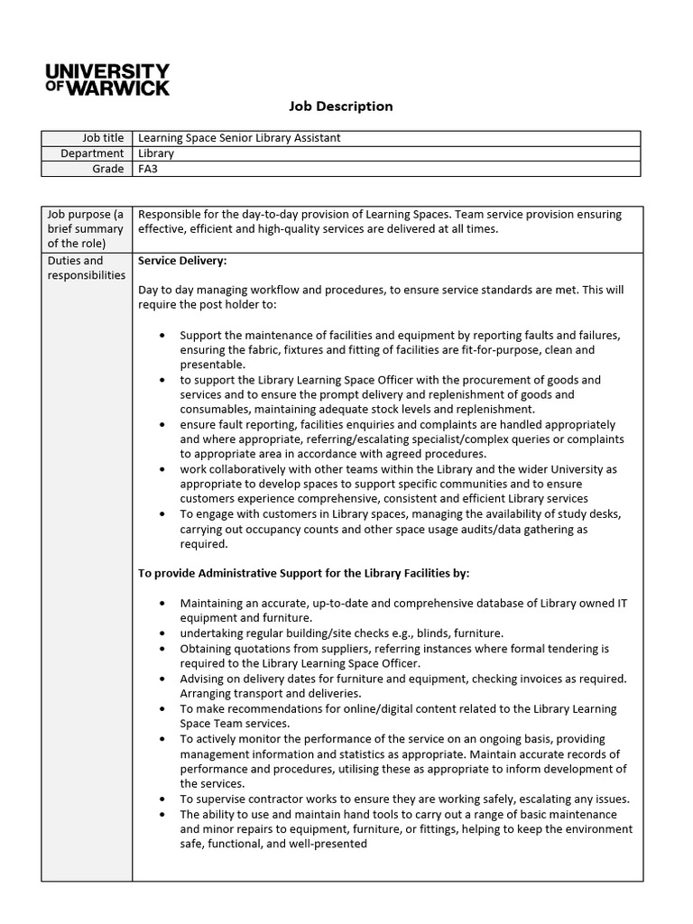 JD Learning Space Senior Library Assistant (78994) | PDF | Occupational ...