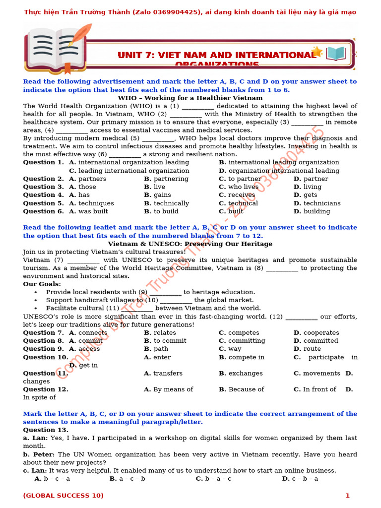Test For Unit 7 - Global Success 10 - Hs | PDF | Vietnam | Agriculture