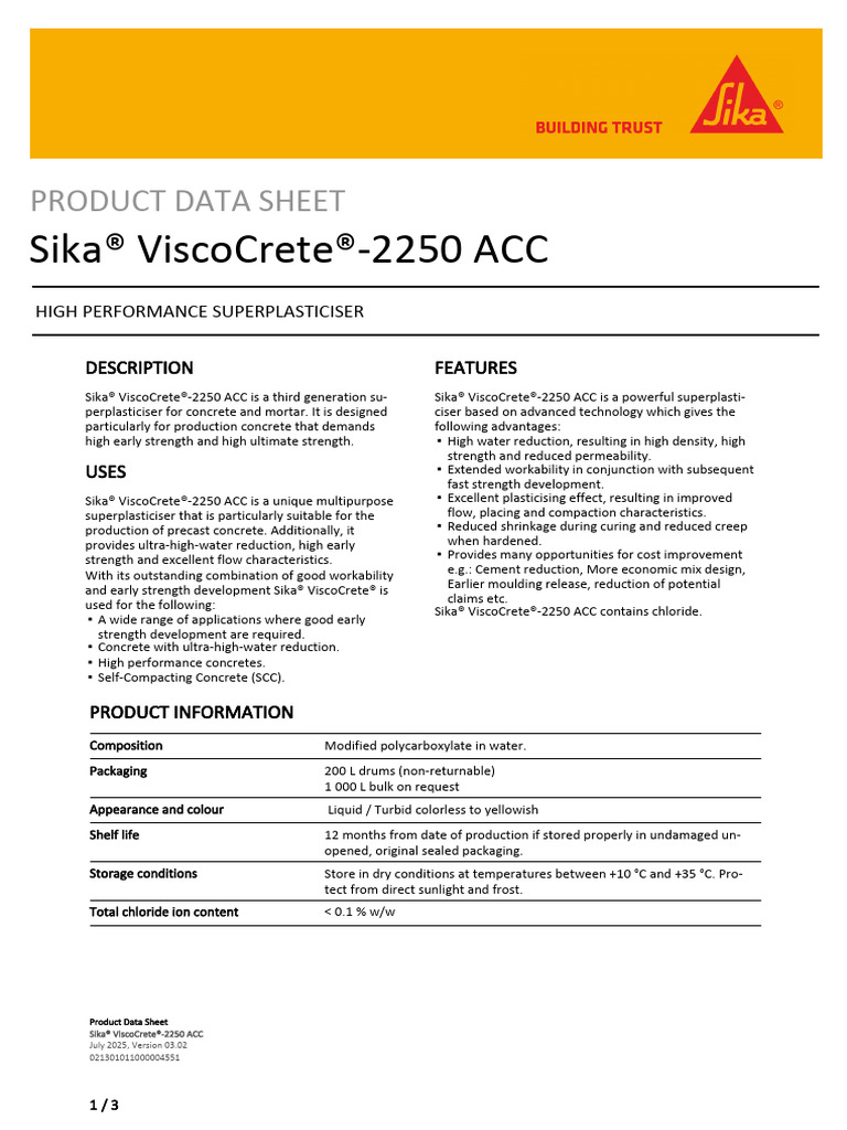 Sika Viscocrete 2250acc | PDF | Concrete | Materials