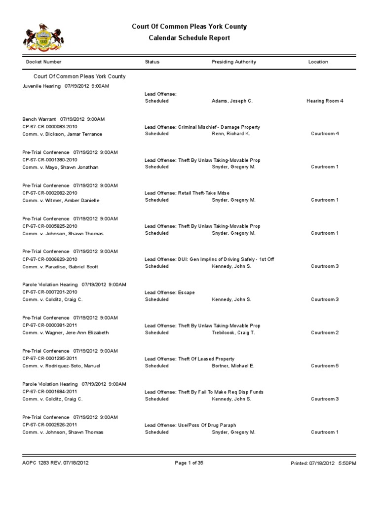 York County Court Schedule For July 19 | PDF | Driving Under The Influence  | Controlled Substances Act