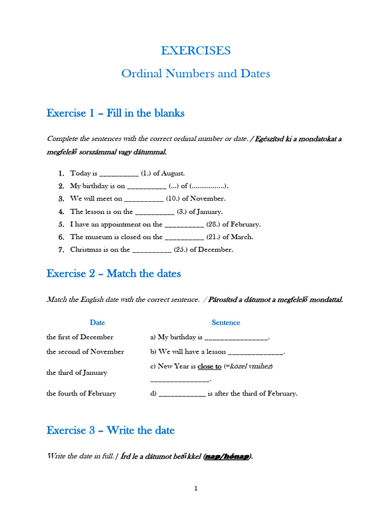 EXERCISES. - Ordinal Numbers and Dates | PDF | Chess Theory | Chess