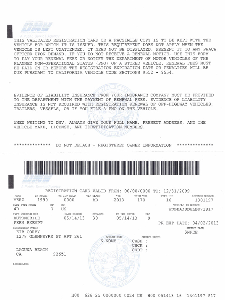 Mercedes CA Exempt Registration Card | PDF | Department Of Motor ...