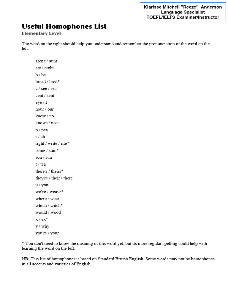 Useful Homophones List | PDF | English Language | Accent (Sociolinguistics)
