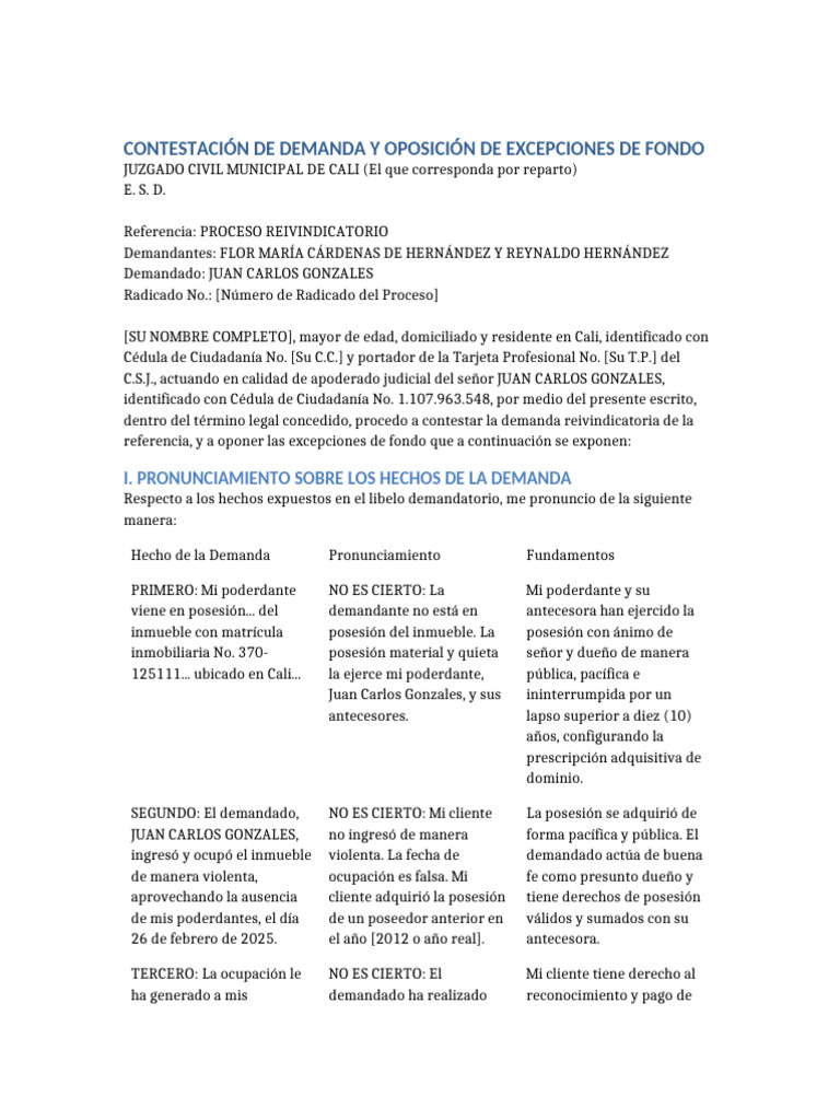 Contestacion Demanda Reivindicatoria | PDF | Posesión adversa | Justicia