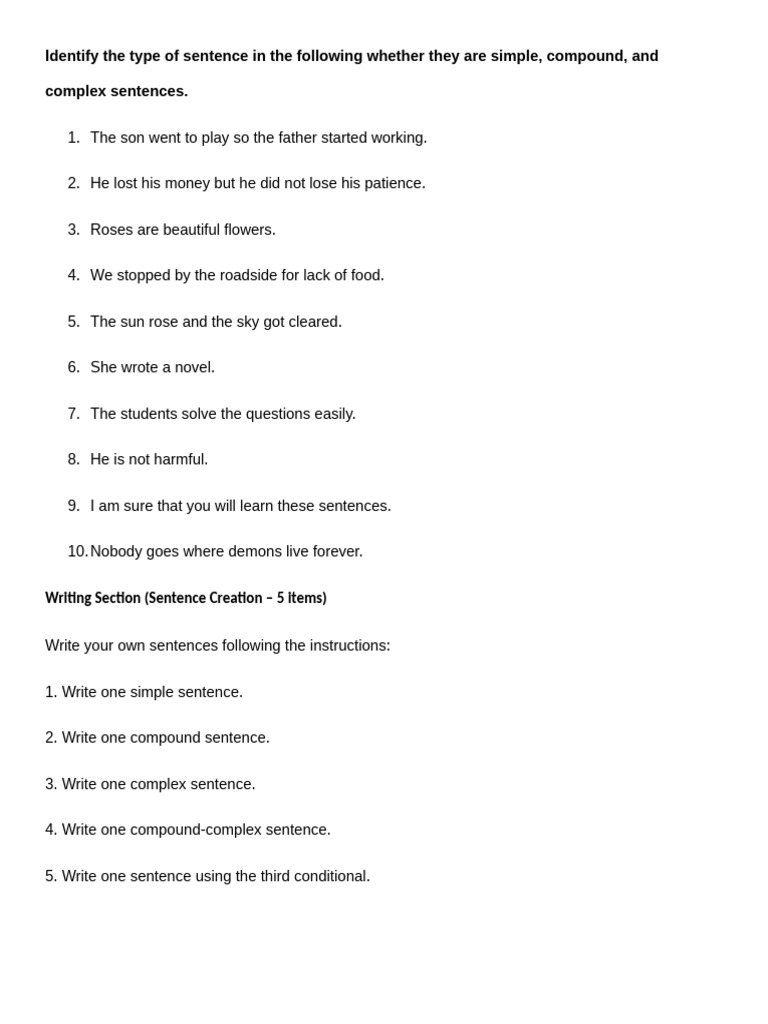 Identify The Type of Sentence in The Following Whether They Are Simple ...