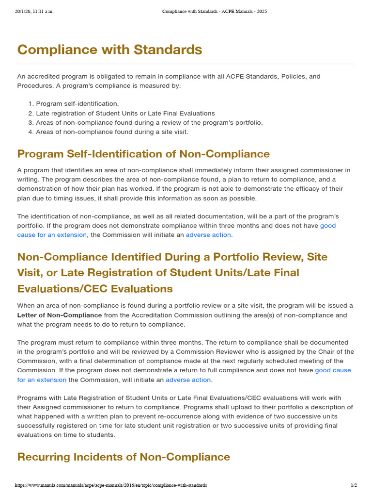 Compliance With Standards - ACPE Manuals - 2025 | PDF | Regulatory ...