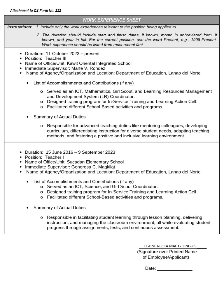 ANNEX H-2 - CS Form No. 212 Attachment - Work Experience Sheet | PDF ...