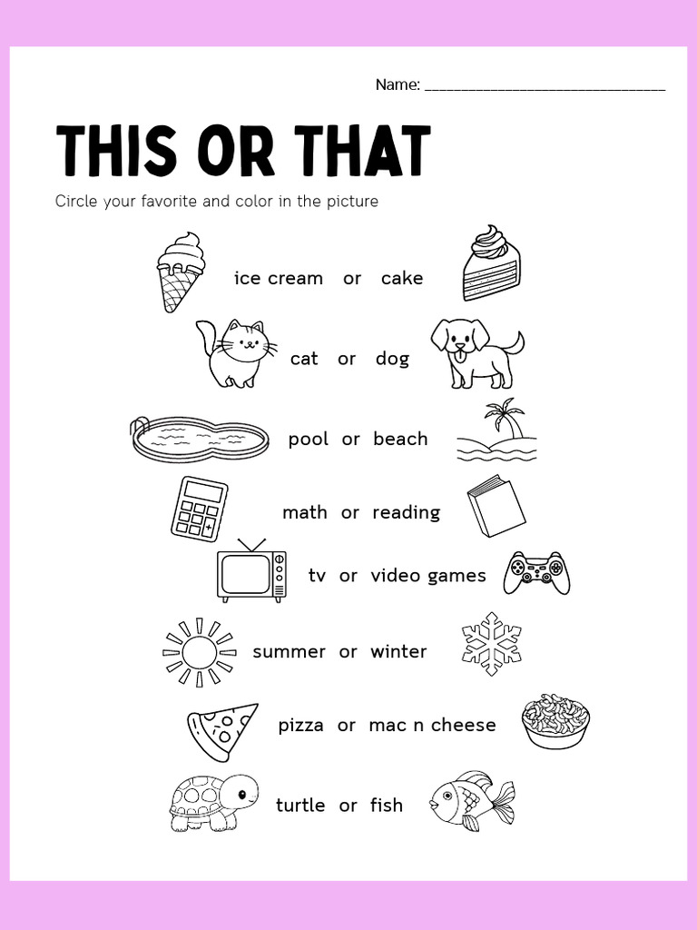 This or That Back To School Activity Printable Worksheet in Pink ...