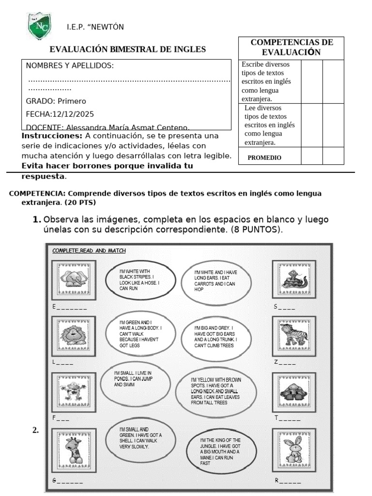 Evaluación Bimestral de Inglés 1ero Sec | PDF