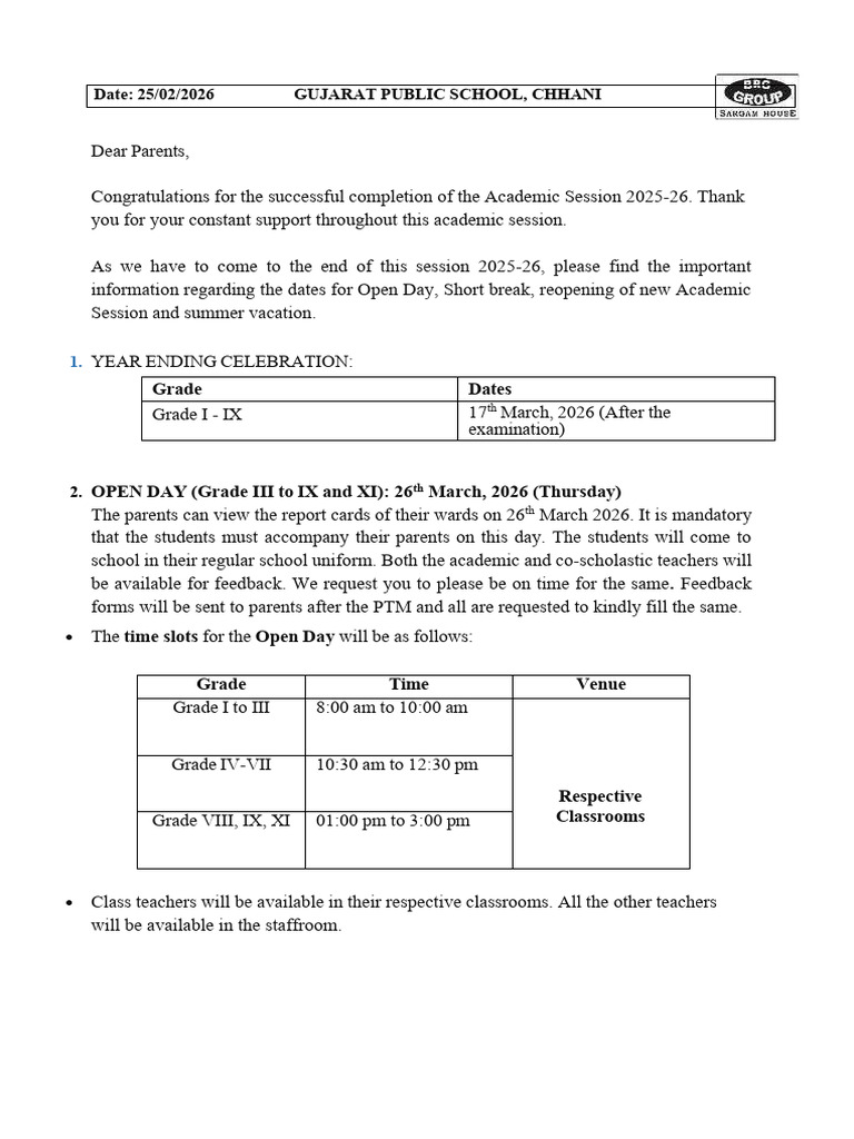 Academic Year End Circular 2026 | PDF