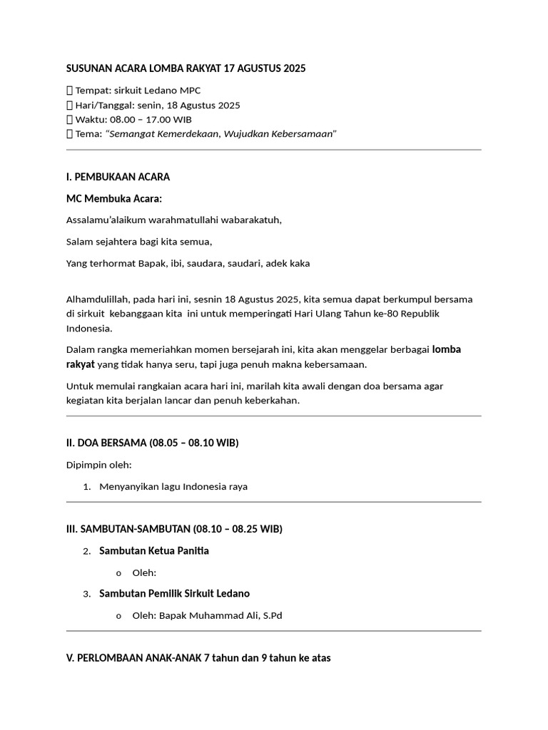 Susunan Acara Lomba Rakyat 17 Agustus 2025 | PDF