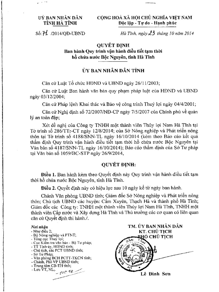 QĐ 71 Quy Trinh Van Hanh Dieu Tiet Ho Boc Nguyen | PDF