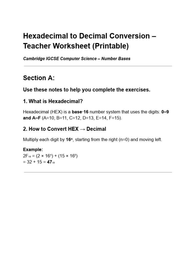 Hexadecimal To Decimal Conversion - Teacher Worksheet (Printable) | PDF