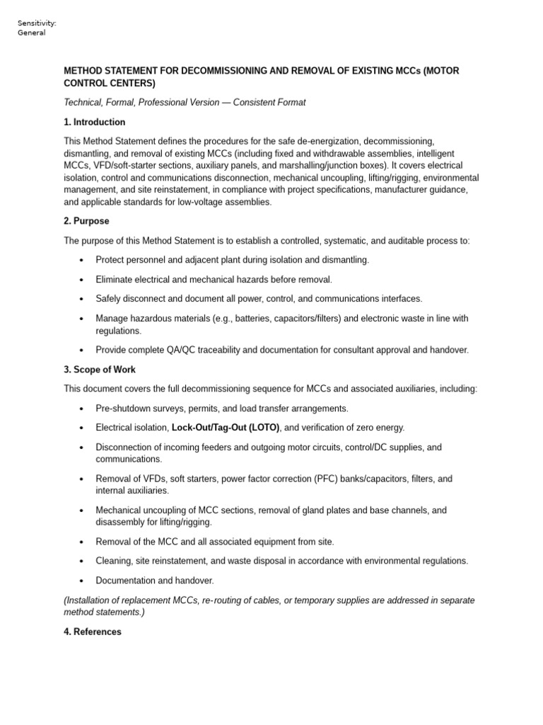 Method Statement For Decommissioning and Removal of Existing Mccs | PDF ...