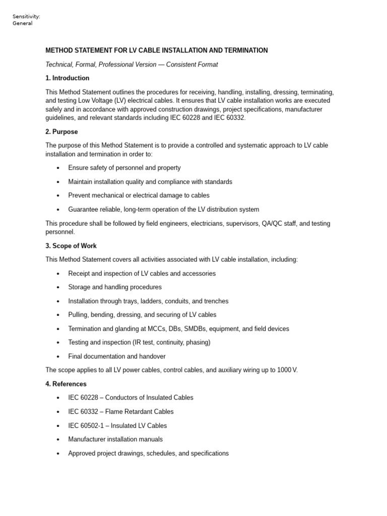Method Statement For LV Cable Installation and Termination | PDF ...