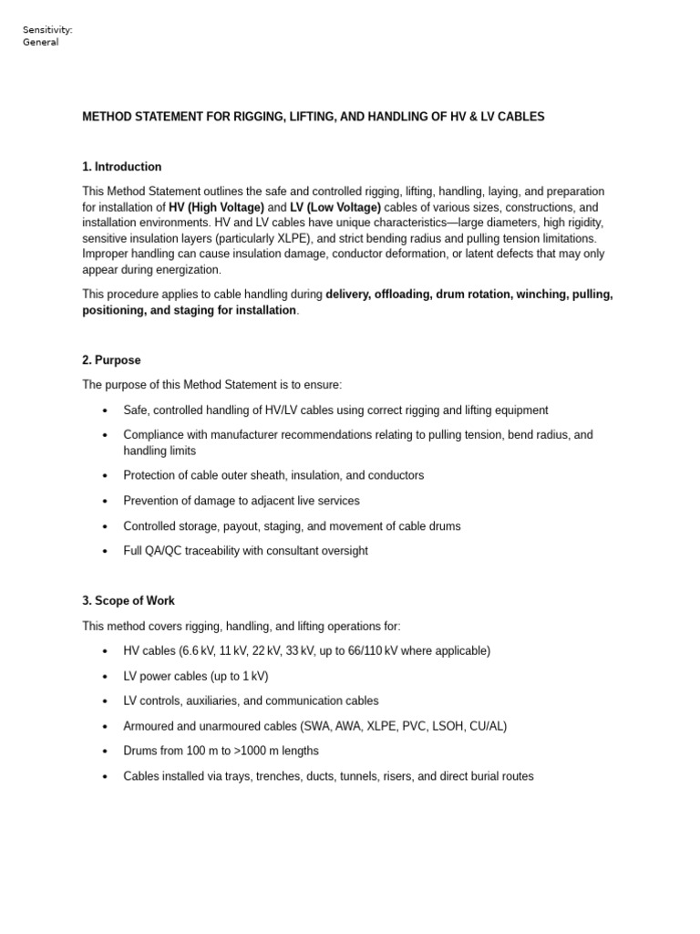 Method Statement For Rigging HV & LV Cables | PDF | Crane (Machine ...