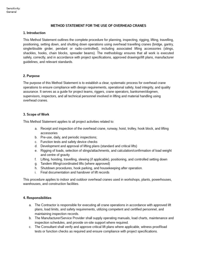 Method Statement For The Use of Overhead Cranes | PDF | Crane (Machine ...
