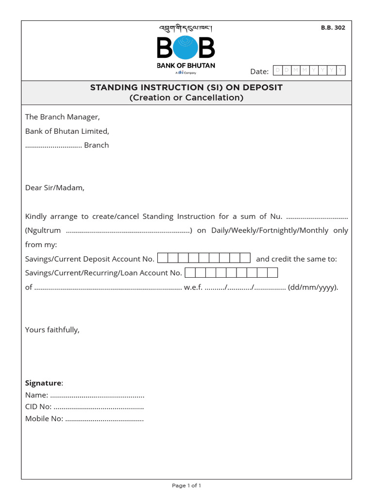 BoB SI Form | PDF