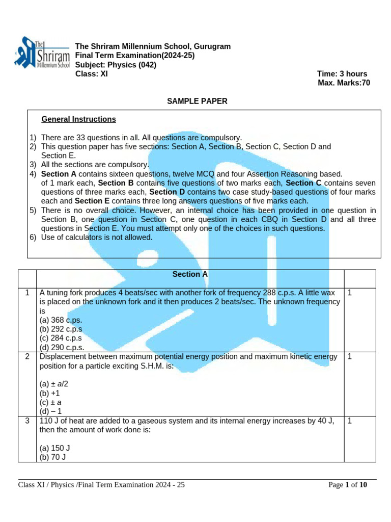 Sample paperXI - Physics | PDF | Orbit | Waves