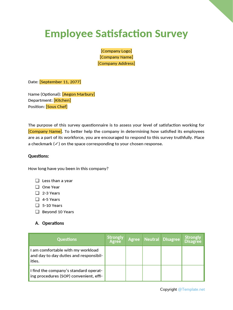 Employee Satisfaction Survey Template A4 | PDF | Labor Relations ...