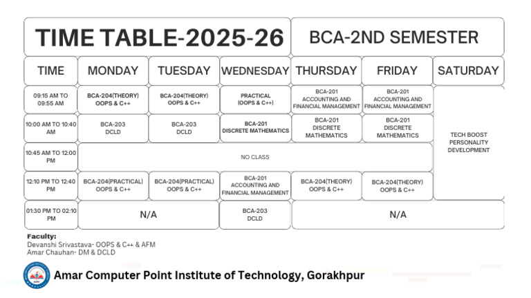 Rewised Time Table BCA 2nd Sem 2026 | PDF