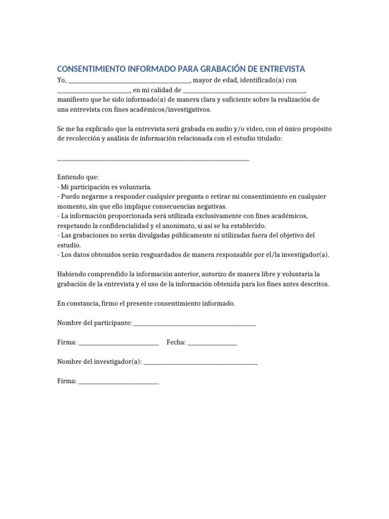 Consentimiento Informado Grabacion Entrevista | PDF