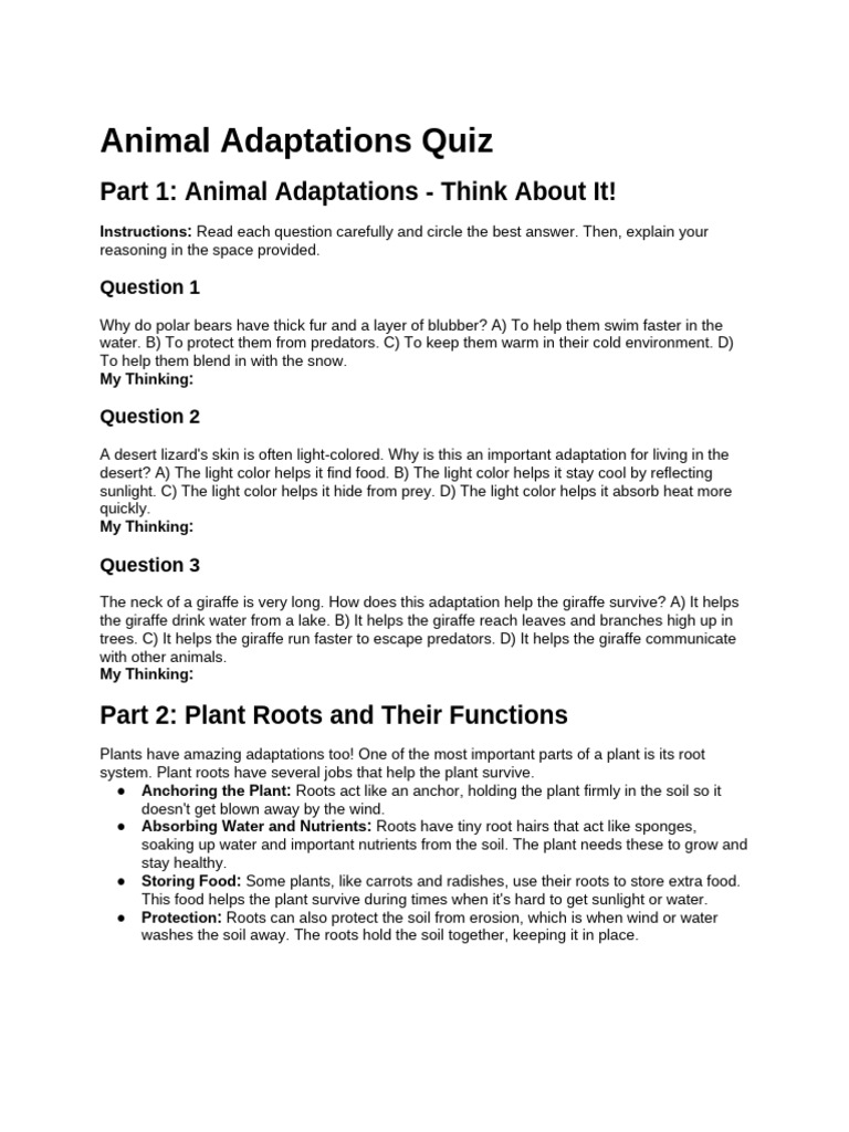 Animal Adaptations Quiz | PDF