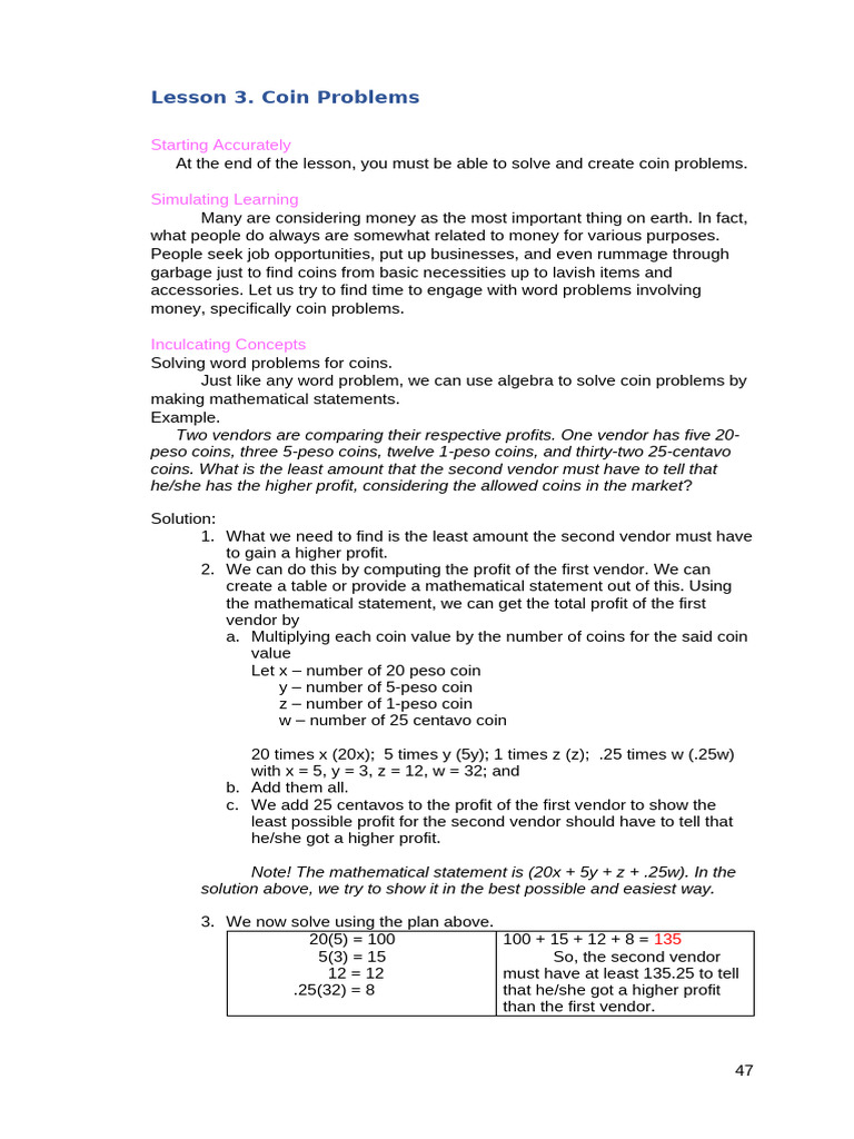 Chapter 2. Lesson 3 Coin Problems | PDF