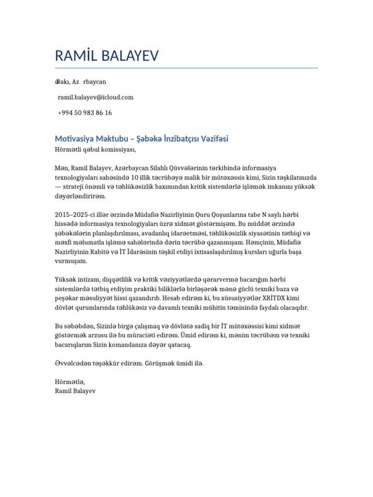 Ramil Balayev Motivasiya Mektubu | PDF
