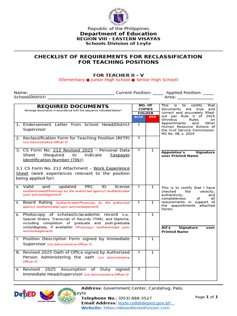 Updated Checklist of Requirements For Reclassification | PDF