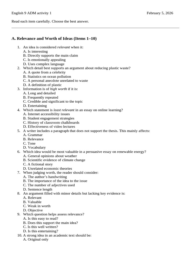 English 9 ADM Activity 1 February 5 | PDF | Fallacy | Reason