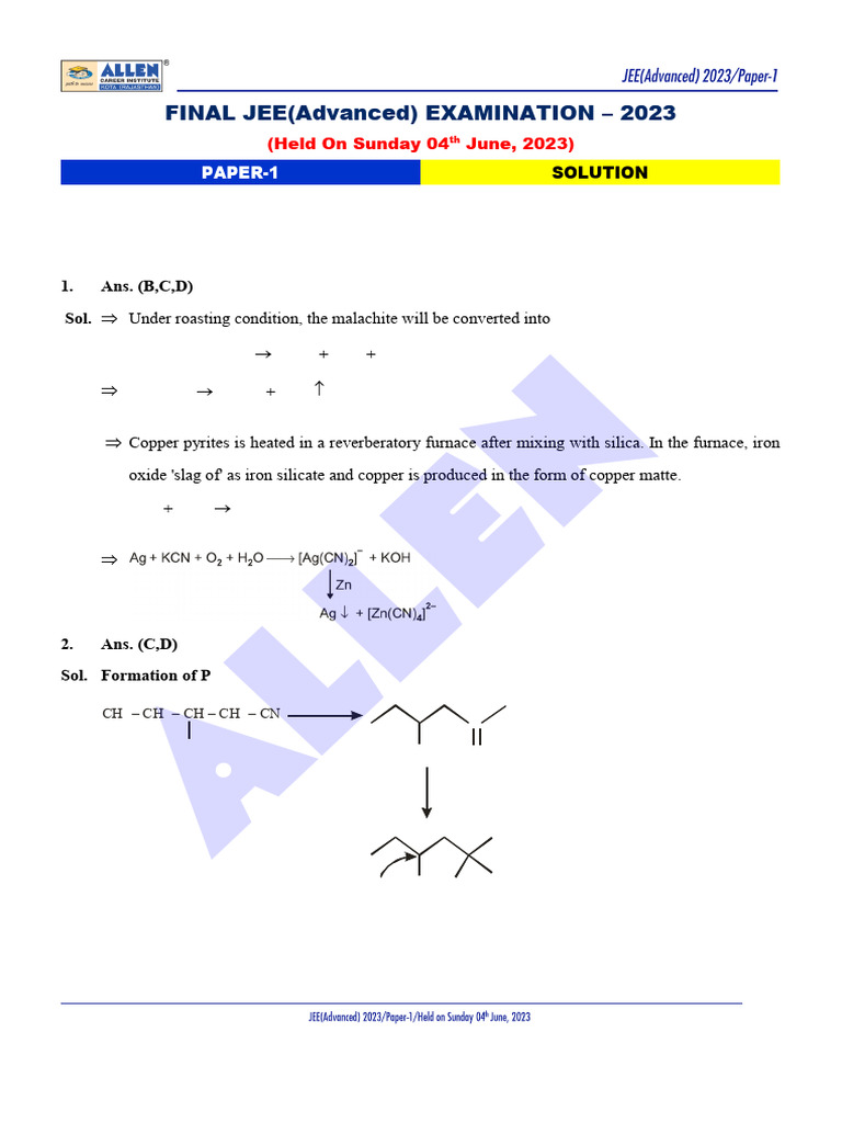 JEE Advanced 2023 Paper 1 Chemistry Sol | PDF | Mole (Unit) | Aspirin