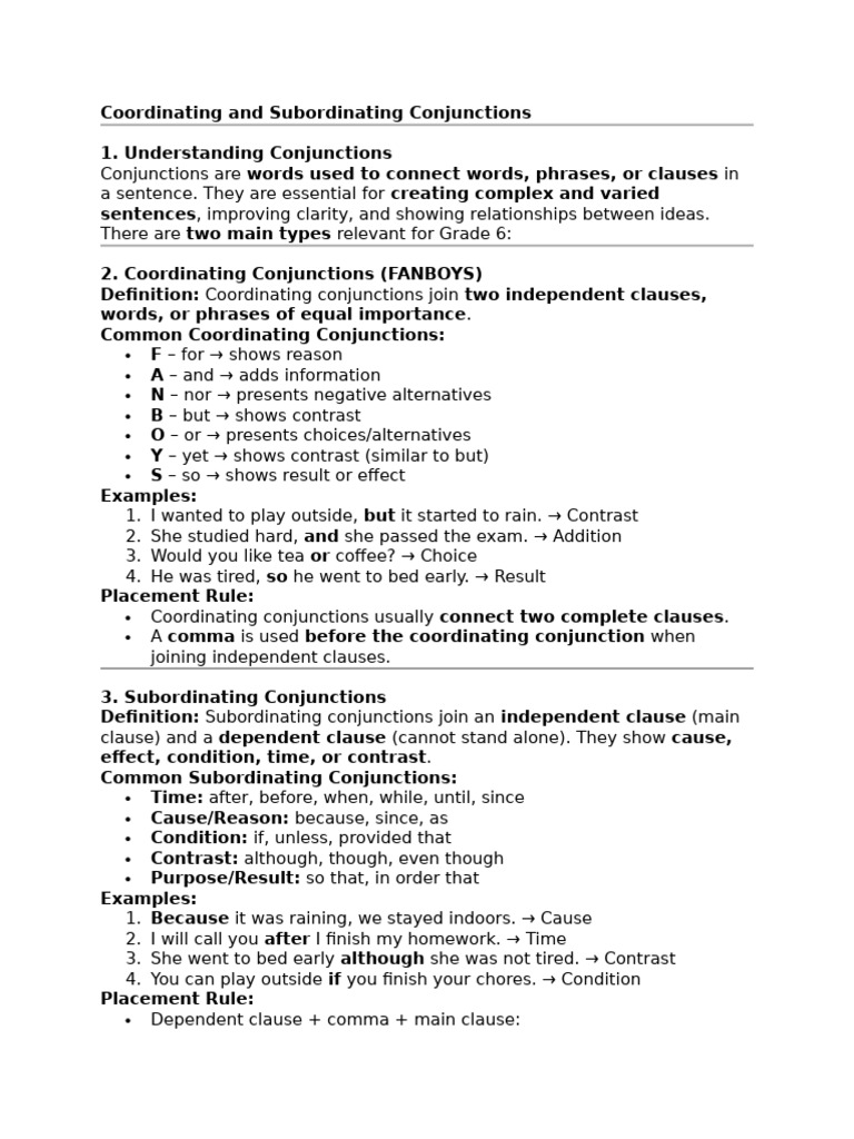 Coordinating and Subordinating Conjunctions | PDF | Grammar | Syntax