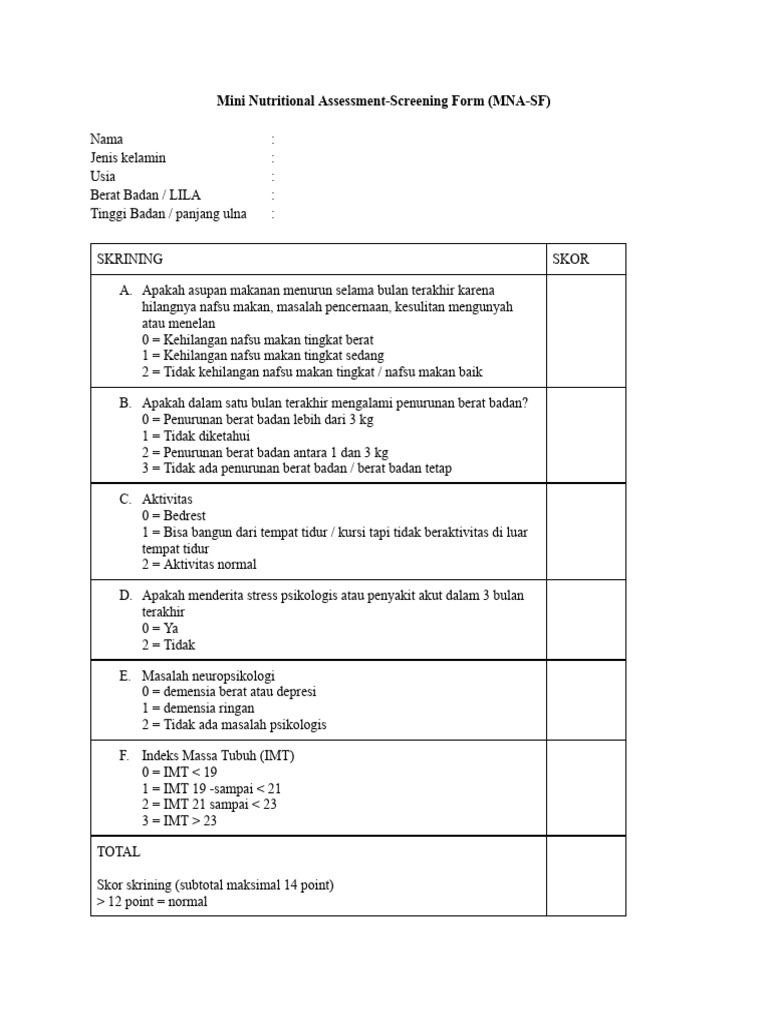 Mini Nutritional Assessment-Screening Form (MNA-SF) | PDF