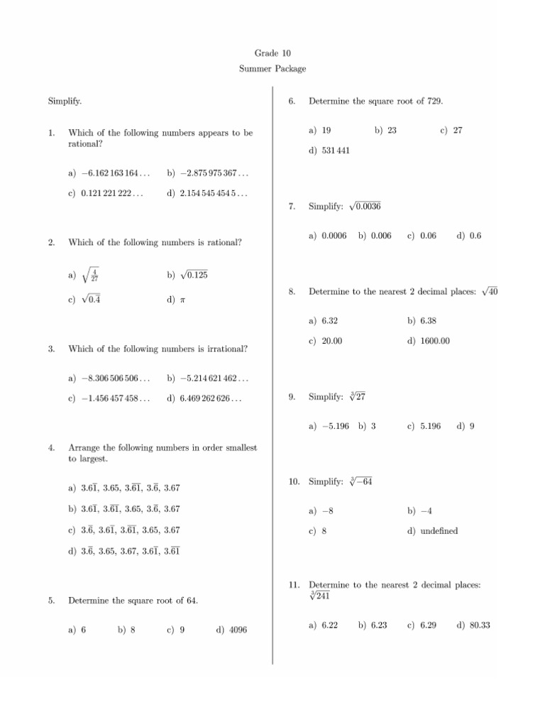 Gr. 10 Math Summer Package | PDF