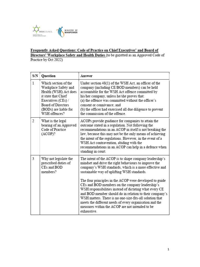 Code of Practice On Chief Executives and Board of Directors WSH Duties ...