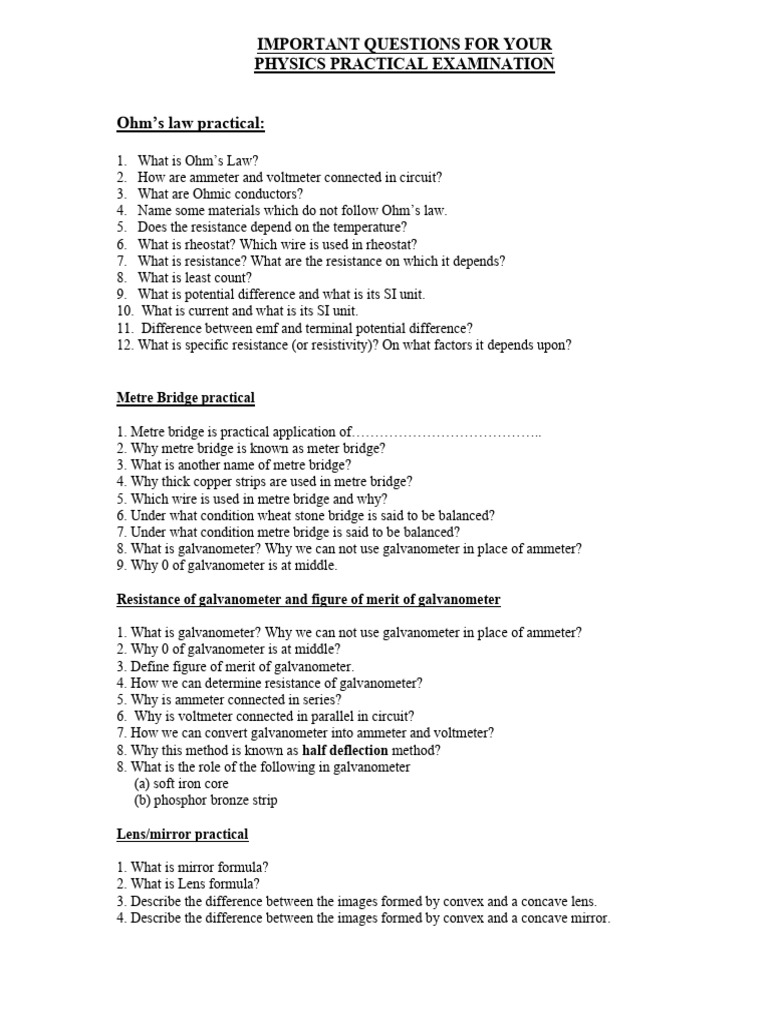 Important Questions From Practicals | PDF | Electrical Resistance And ...
