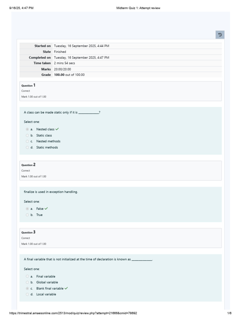 Midterm Quiz 1 - Attempt Review OOP | PDF | Method (Computer ...
