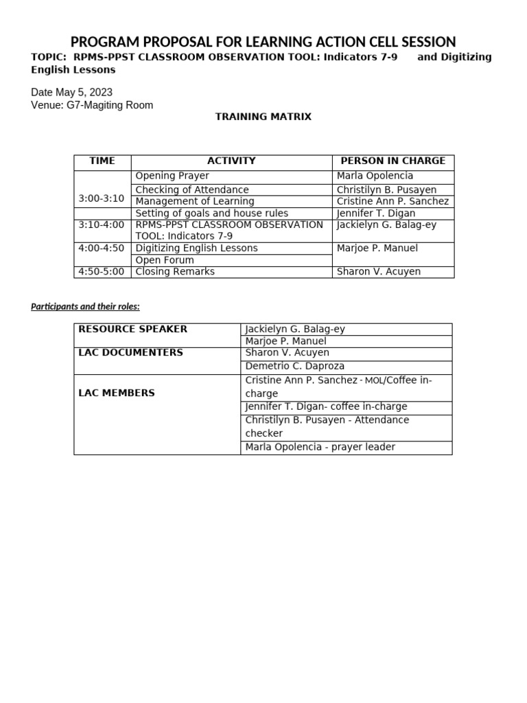 Program Proposal For Learning Action Cell Session Program - 082540 ...