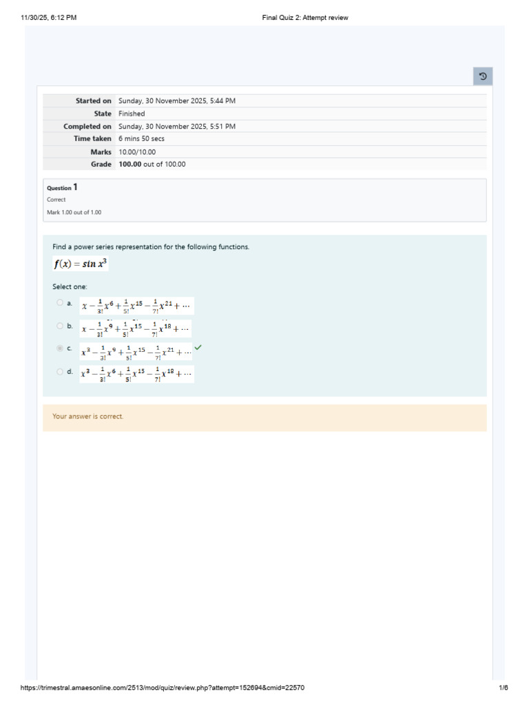 Final Quiz 1 - Attempt Review ADVANCED MATH | PDF | Power Series ...