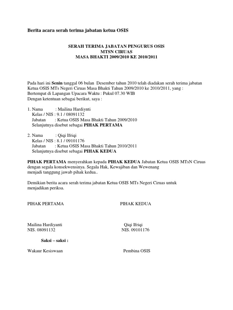 Berita Acara Serah Terima Jabatan Ketua OSIS