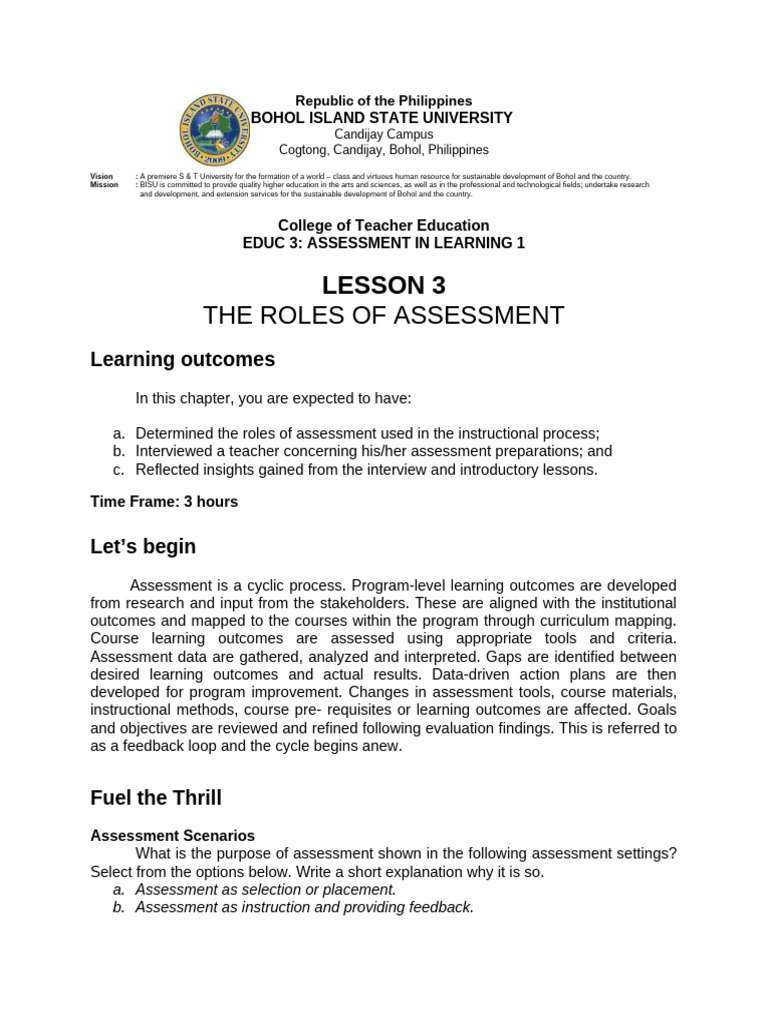 LESSON-3-ROLES-OF-ASSESSMENT (Assessment in Learning) | PDF ...