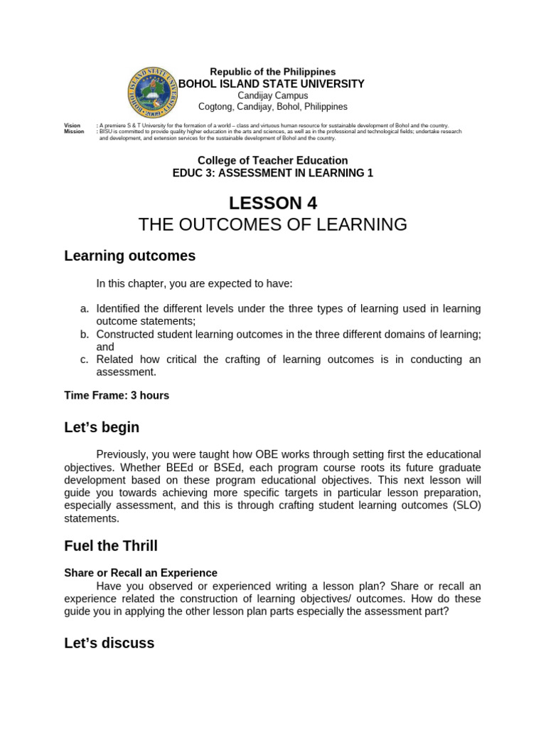 LESSON-4-The-Outcomes-of-Learning (Assessment in Learning) | PDF ...